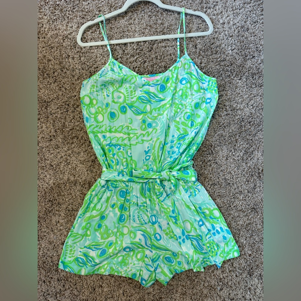 Lilly Pulitzer Green and Blue V-Neck Romper with Tie Around Waist